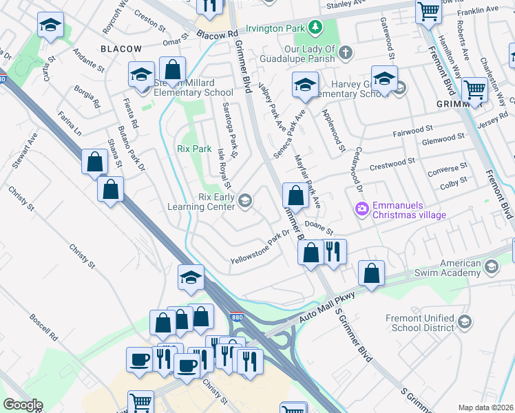map of restaurants, bars, coffee shops, grocery stores, and more near 43100 Isle Royal Street in Fremont
