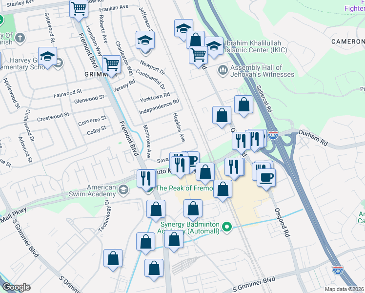 map of restaurants, bars, coffee shops, grocery stores, and more near 3751 Savannah Road in Fremont