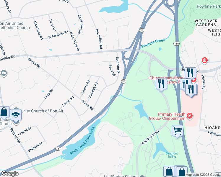 map of restaurants, bars, coffee shops, grocery stores, and more near 1000 Bluffton Drive in Richmond