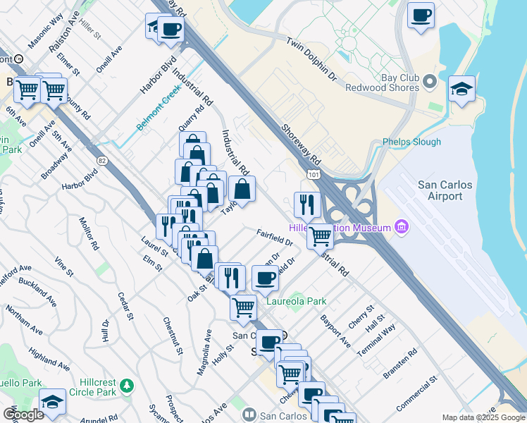 map of restaurants, bars, coffee shops, grocery stores, and more near 291 Fairfield Drive in San Carlos