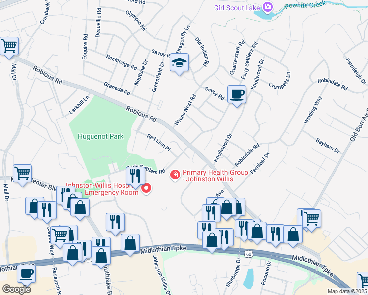 map of restaurants, bars, coffee shops, grocery stores, and more near 1762 Early Settlers Road in Richmond