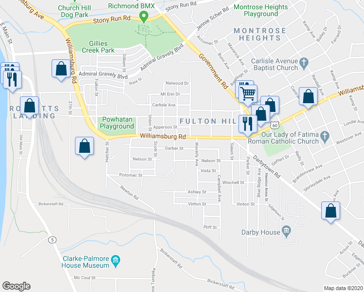 map of restaurants, bars, coffee shops, grocery stores, and more near 1306 Garber Street in Richmond