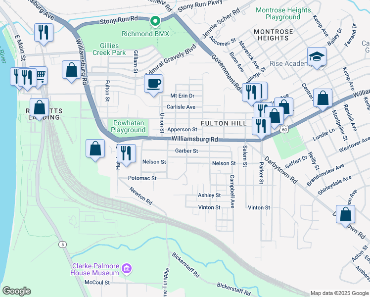 map of restaurants, bars, coffee shops, grocery stores, and more near 1234 Garber Street in Richmond