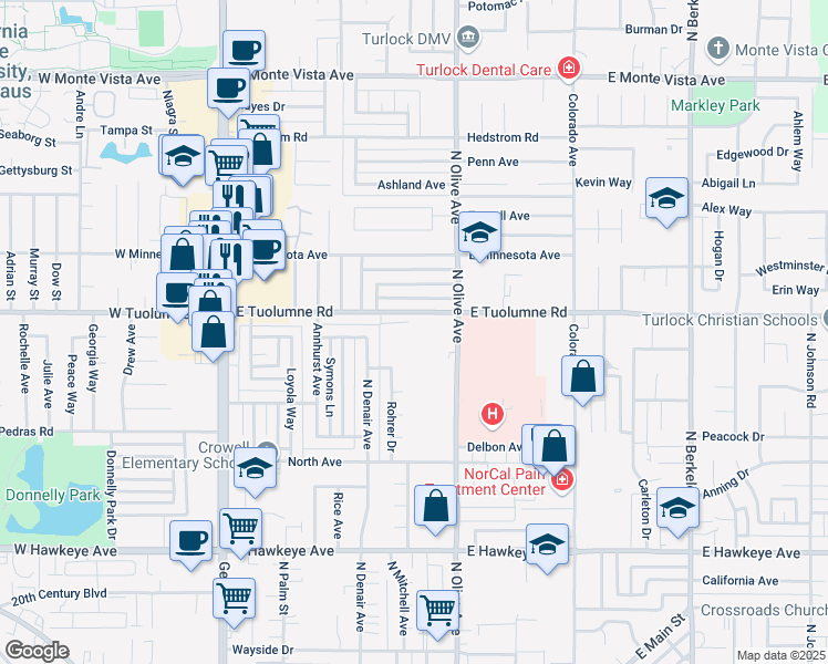 map of restaurants, bars, coffee shops, grocery stores, and more near 2125 North Olive Avenue in Turlock