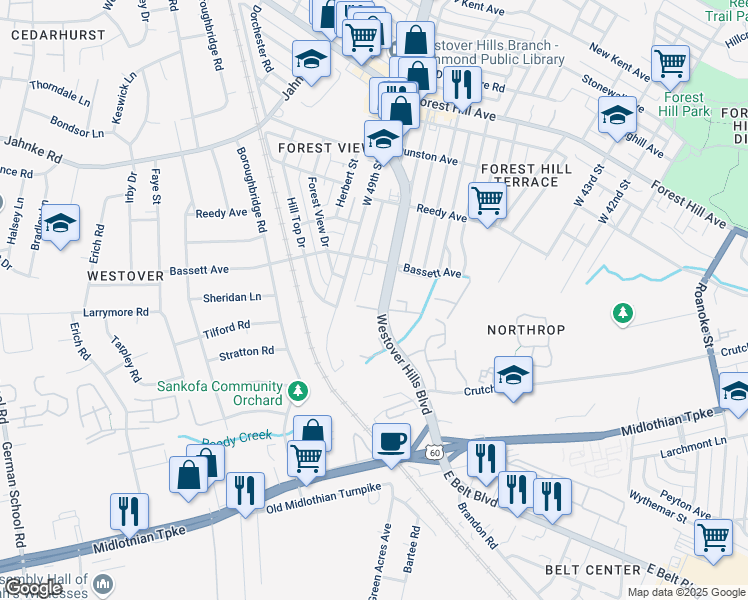 map of restaurants, bars, coffee shops, grocery stores, and more near 468 Westover Hills Boulevard in Richmond