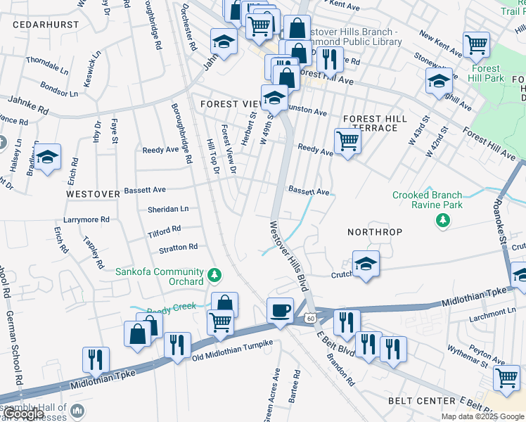 map of restaurants, bars, coffee shops, grocery stores, and more near 468 Westover Hills Boulevard in Richmond