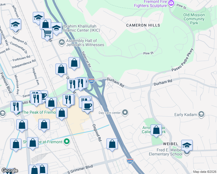 map of restaurants, bars, coffee shops, grocery stores, and more near 44003 Degas Terrace in Fremont