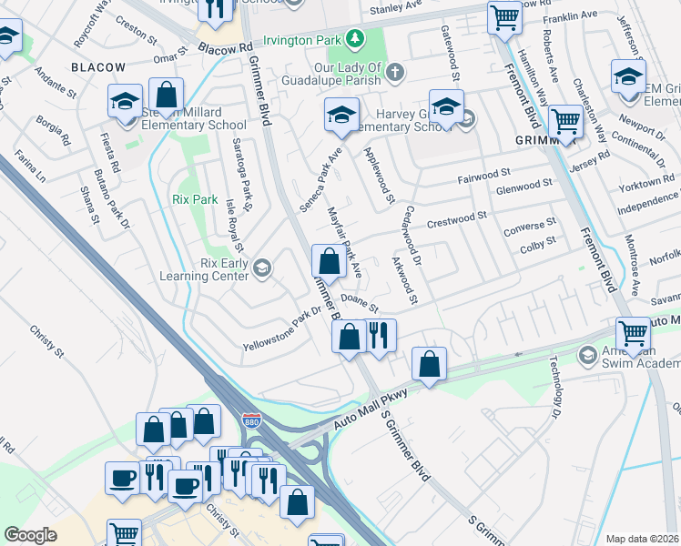 map of restaurants, bars, coffee shops, grocery stores, and more near 43081 Mayfair Park Terrace in Fremont
