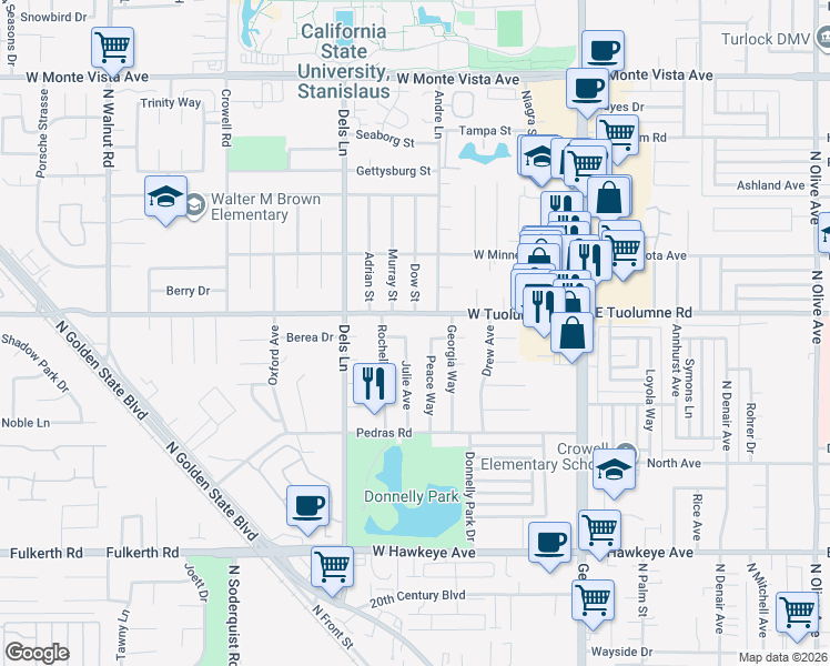 map of restaurants, bars, coffee shops, grocery stores, and more near 2320 Julie Avenue in Turlock