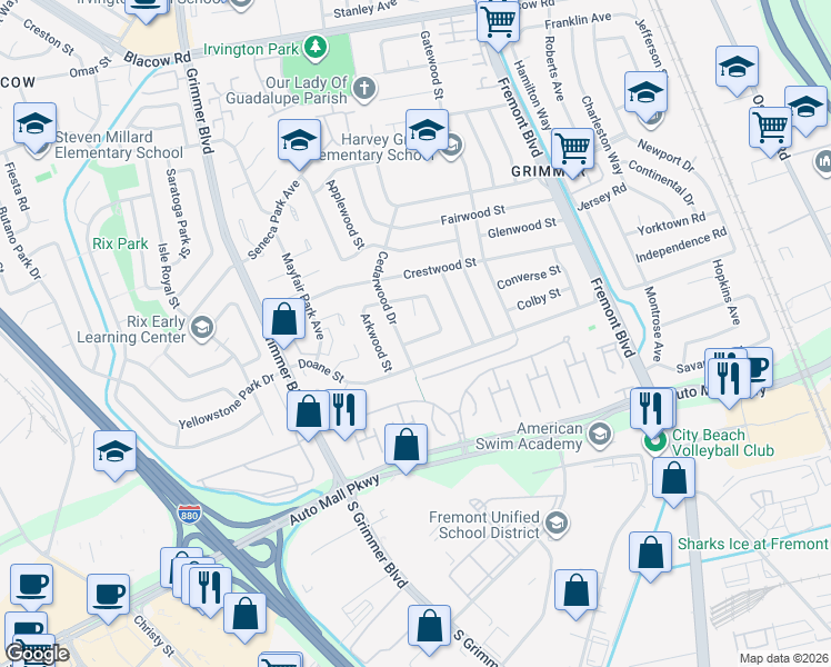 map of restaurants, bars, coffee shops, grocery stores, and more near 4423 Bush Circle in Fremont