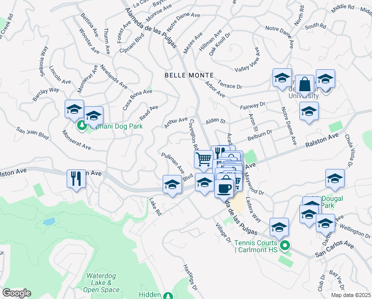 map of restaurants, bars, coffee shops, grocery stores, and more near 830 Covington Road in Belmont