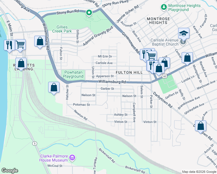 map of restaurants, bars, coffee shops, grocery stores, and more near 1301 Garber Street in Richmond