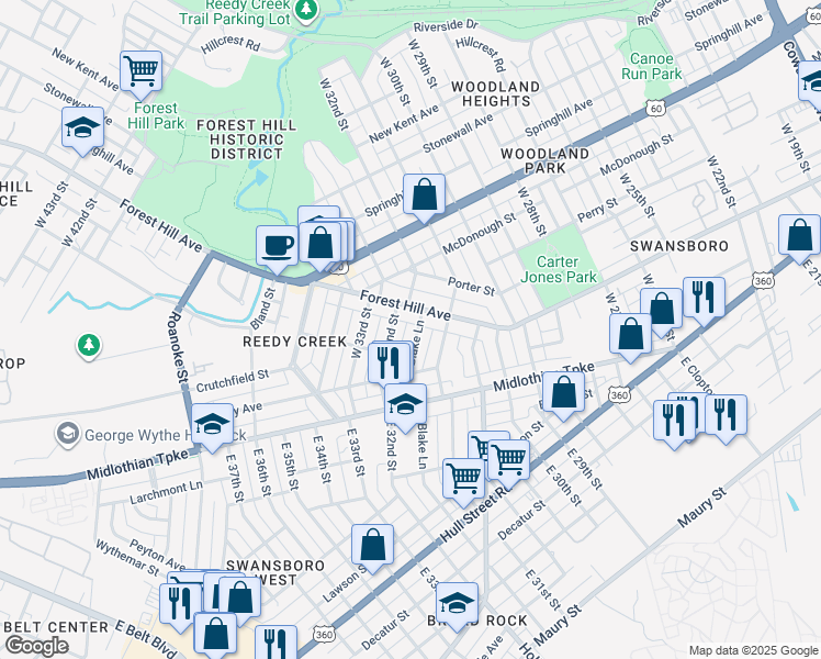 map of restaurants, bars, coffee shops, grocery stores, and more near 205 West Blake Lane in Richmond