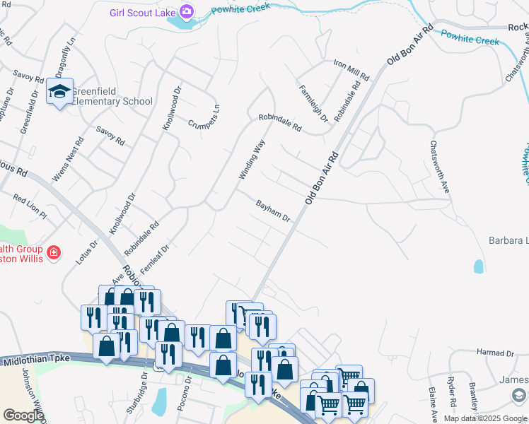 map of restaurants, bars, coffee shops, grocery stores, and more near 10101 Bayham Drive in Richmond
