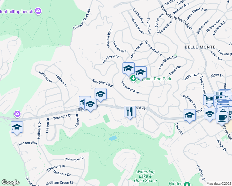 map of restaurants, bars, coffee shops, grocery stores, and more near 2851 San Juan Boulevard in Belmont