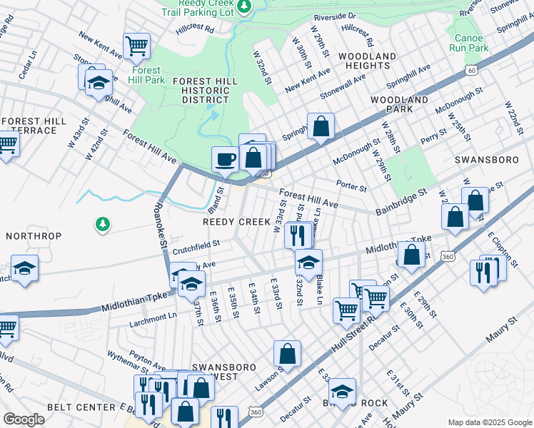 map of restaurants, bars, coffee shops, grocery stores, and more near 207 West 34th Street in Richmond