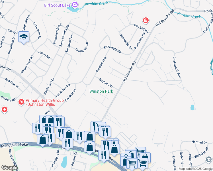 map of restaurants, bars, coffee shops, grocery stores, and more near 10101 Bayham Drive in Richmond