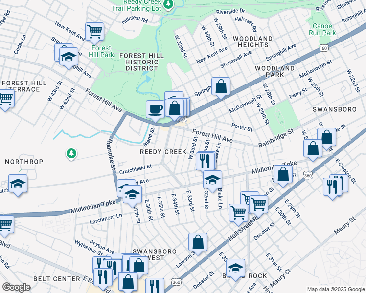 map of restaurants, bars, coffee shops, grocery stores, and more near 207 West 34th Street in Richmond
