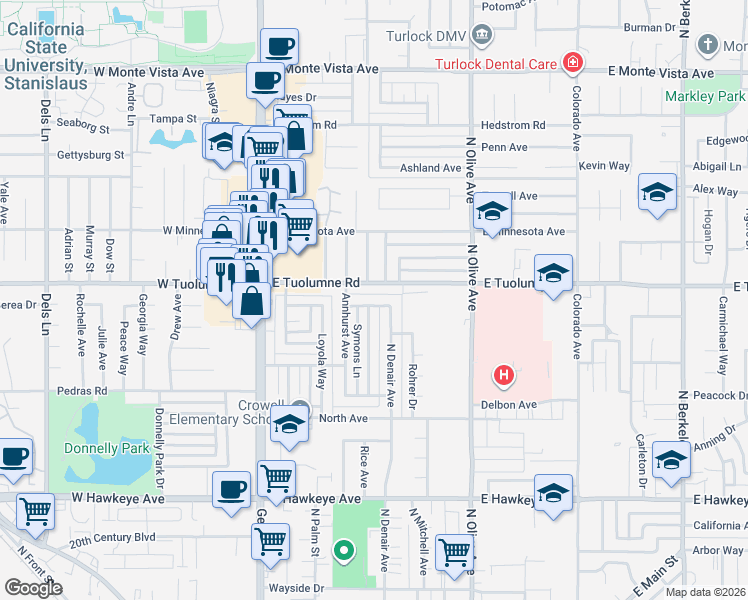 map of restaurants, bars, coffee shops, grocery stores, and more near 2165 Xavier Avenue in Turlock