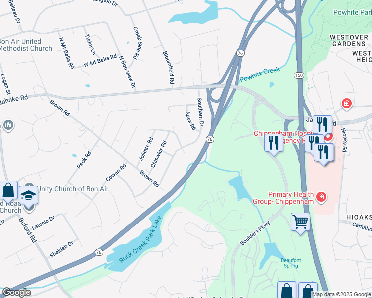map of restaurants, bars, coffee shops, grocery stores, and more near 1006 Bluffton Drive in Richmond