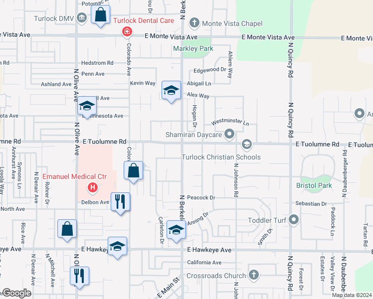 map of restaurants, bars, coffee shops, grocery stores, and more near 2308 North Berkeley Avenue in Turlock