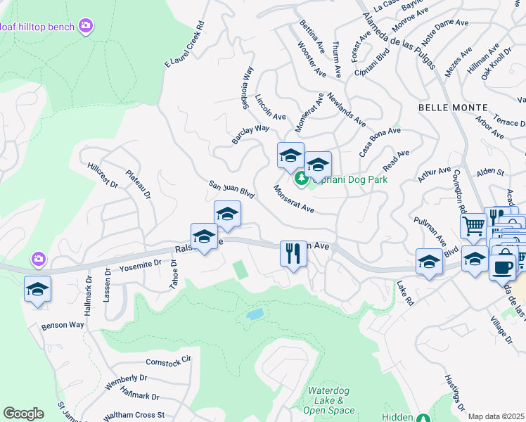 map of restaurants, bars, coffee shops, grocery stores, and more near 2851 San Juan Boulevard in Belmont