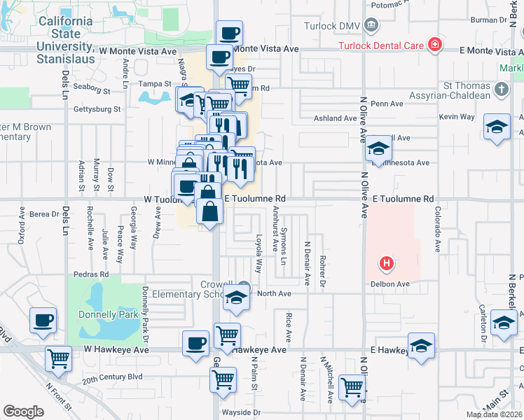 map of restaurants, bars, coffee shops, grocery stores, and more near 2160 Loyola Way in Turlock