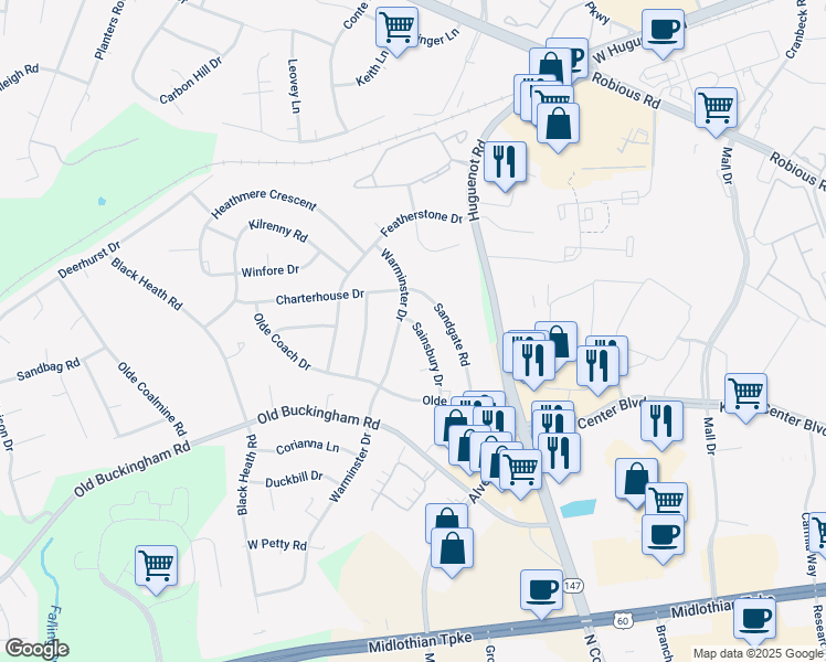 map of restaurants, bars, coffee shops, grocery stores, and more near 1632 Sainsbury Drive in Midlothian