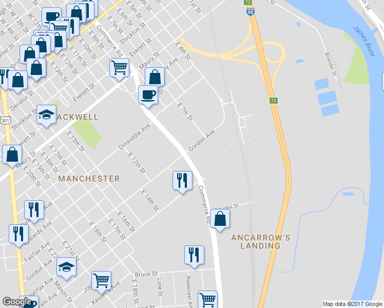 map of restaurants, bars, coffee shops, grocery stores, and more near 1100 Commerce Road in Richmond