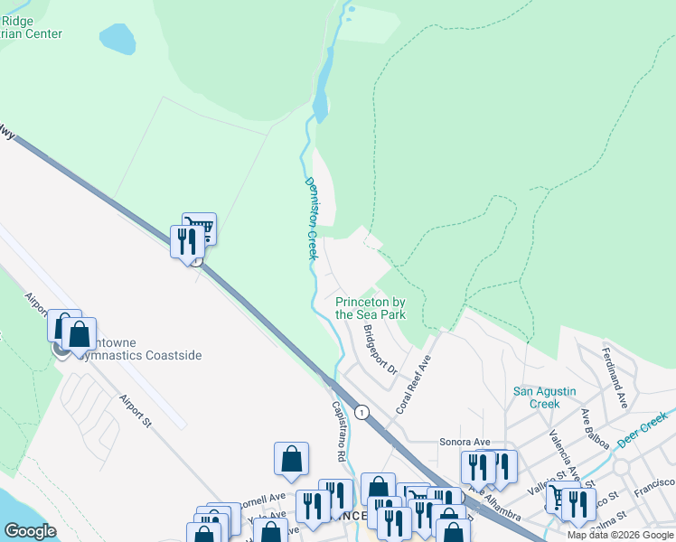 map of restaurants, bars, coffee shops, grocery stores, and more near 370 Bridgeport Drive in El Granada