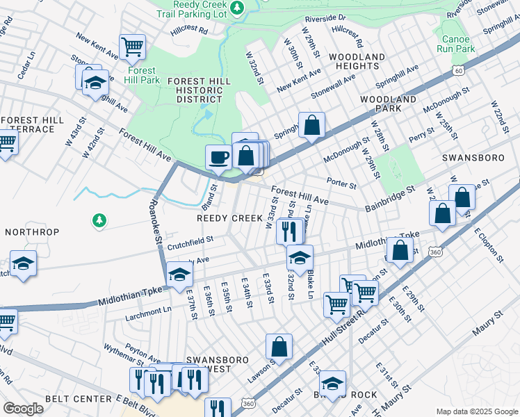 map of restaurants, bars, coffee shops, grocery stores, and more near 209 West 34th Street in Richmond