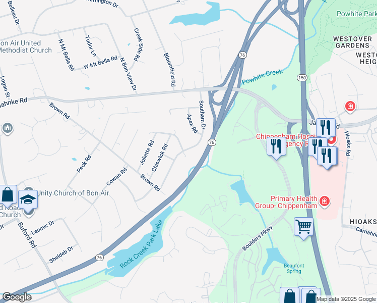 map of restaurants, bars, coffee shops, grocery stores, and more near 1006 Bluffton Drive in Richmond
