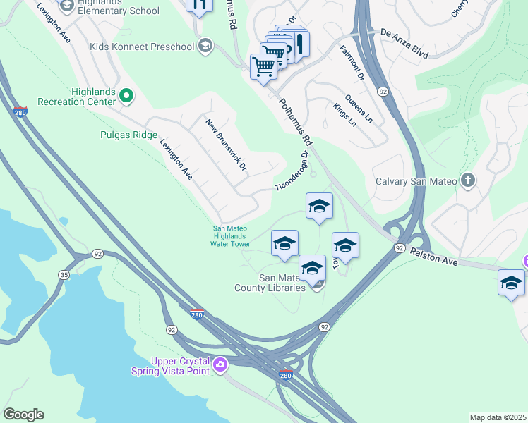 map of restaurants, bars, coffee shops, grocery stores, and more near 2219 Allegheny Way in San Mateo