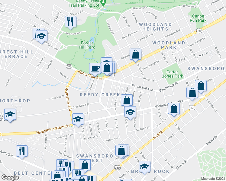 map of restaurants, bars, coffee shops, grocery stores, and more near 209 West 34th Street in Richmond