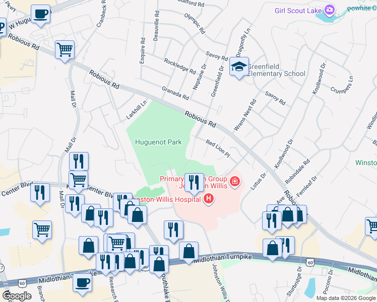 map of restaurants, bars, coffee shops, grocery stores, and more near 1600 Greenfield Drive in Richmond