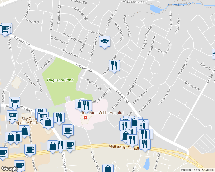 map of restaurants, bars, coffee shops, grocery stores, and more near 1754 Early Settlers Road in Richmond