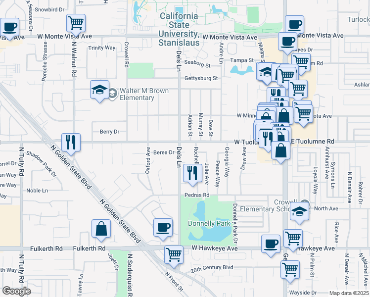 map of restaurants, bars, coffee shops, grocery stores, and more near 765 Berea Court in Turlock
