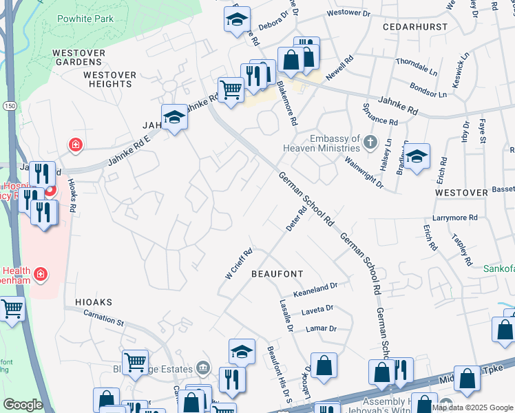 map of restaurants, bars, coffee shops, grocery stores, and more near 6407 Glenway Drive in Richmond