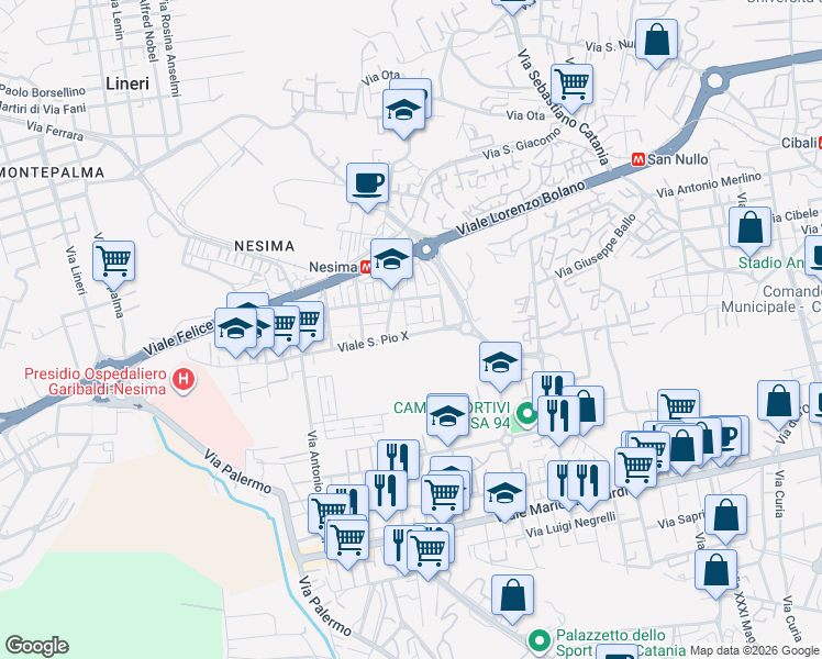 map of restaurants, bars, coffee shops, grocery stores, and more near 8 Via Galileo Galilei in Catania