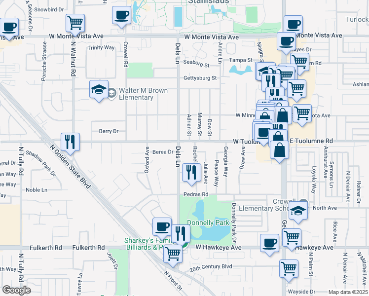 map of restaurants, bars, coffee shops, grocery stores, and more near 765 Berea Court in Turlock