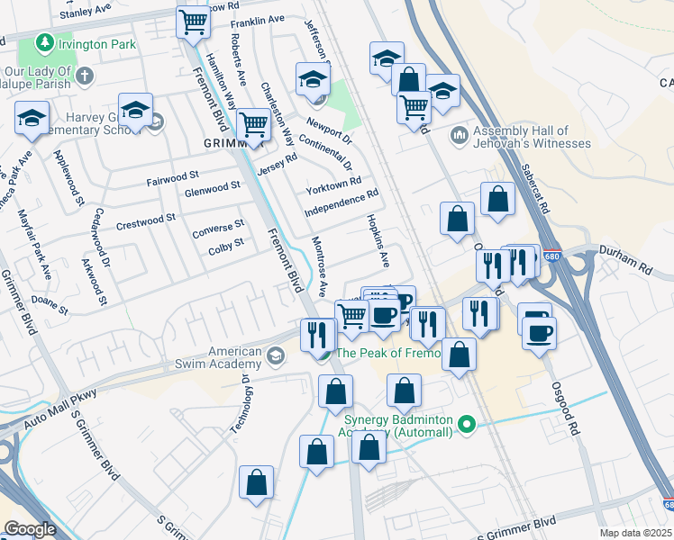 map of restaurants, bars, coffee shops, grocery stores, and more near 3723 Wilmington Road in Fremont