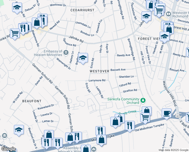 map of restaurants, bars, coffee shops, grocery stores, and more near 5513 Larrymore Road in Richmond