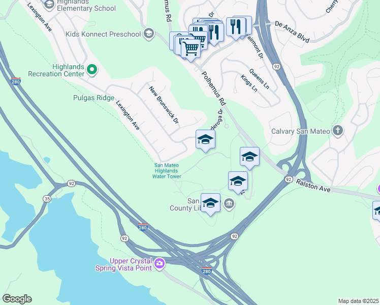 map of restaurants, bars, coffee shops, grocery stores, and more near 2219 Allegheny Way in San Mateo