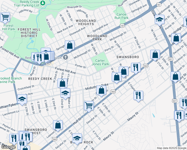 map of restaurants, bars, coffee shops, grocery stores, and more near 63 West 29th Street in Richmond