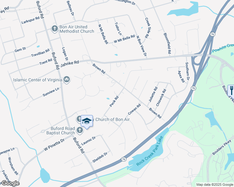 map of restaurants, bars, coffee shops, grocery stores, and more near 1132 Peck Road in Richmond