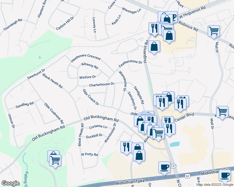 map of restaurants, bars, coffee shops, grocery stores, and more near 1611 Charrington Drive in Midlothian