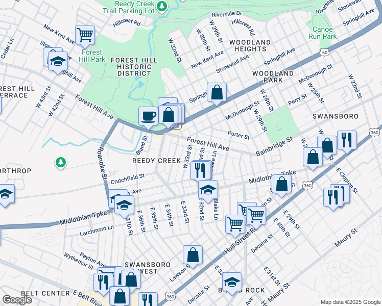 map of restaurants, bars, coffee shops, grocery stores, and more near 211 West 33rd Street in Richmond