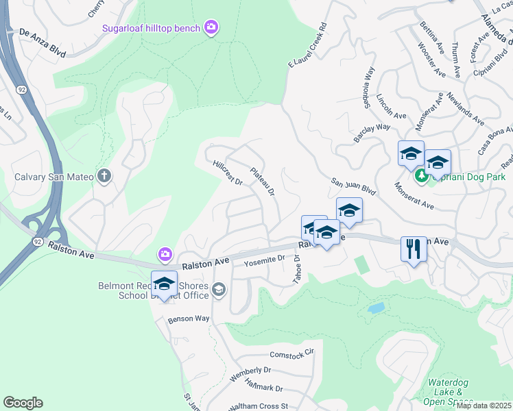 map of restaurants, bars, coffee shops, grocery stores, and more near 3602 Reposo Way in Belmont