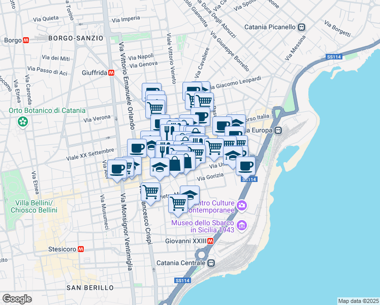 map of restaurants, bars, coffee shops, grocery stores, and more near in Province of Catania