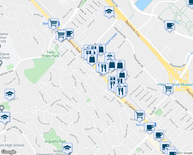 map of restaurants, bars, coffee shops, grocery stores, and more near 1633 6th Avenue in Belmont